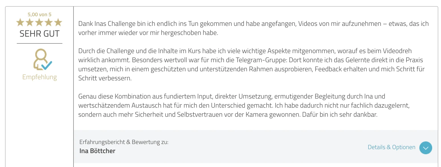 ProvenExpert-Bewertung zu Ina Böttcher – 5,00 von 5, Empfehlung