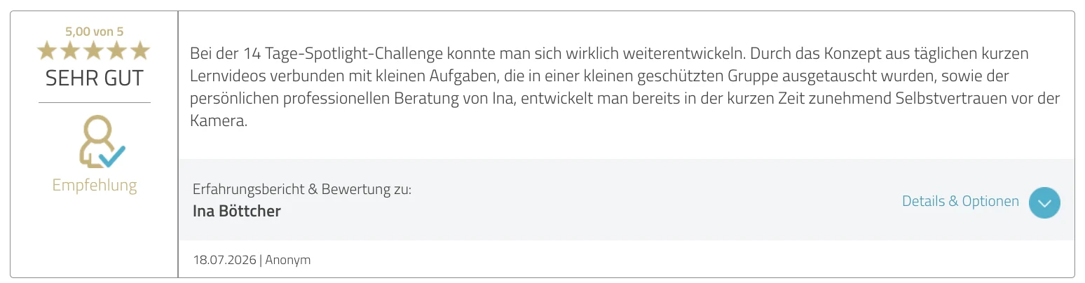 ProvenExpert-Bewertung zu Ina Böttcher – 5,00 von 5, Empfehlung