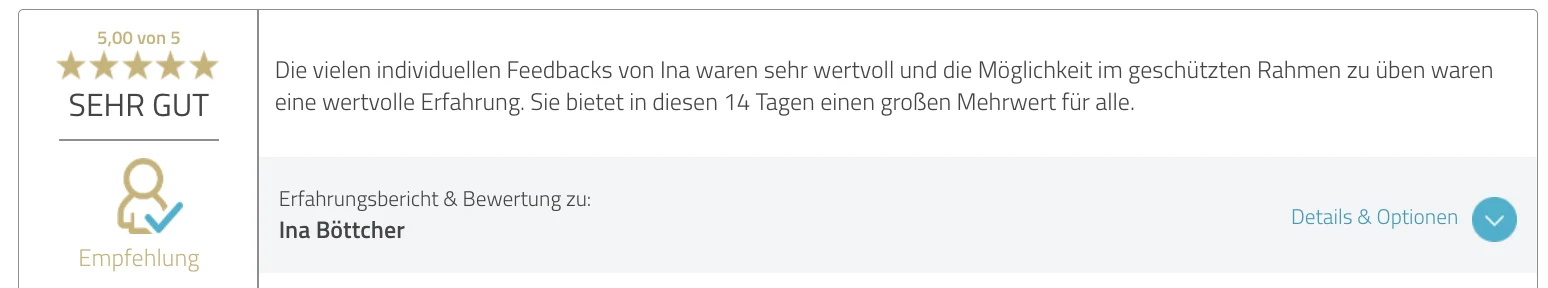 ProvenExpert-Bewertung zu Ina Böttcher – 5,00 von 5, Empfehlung
