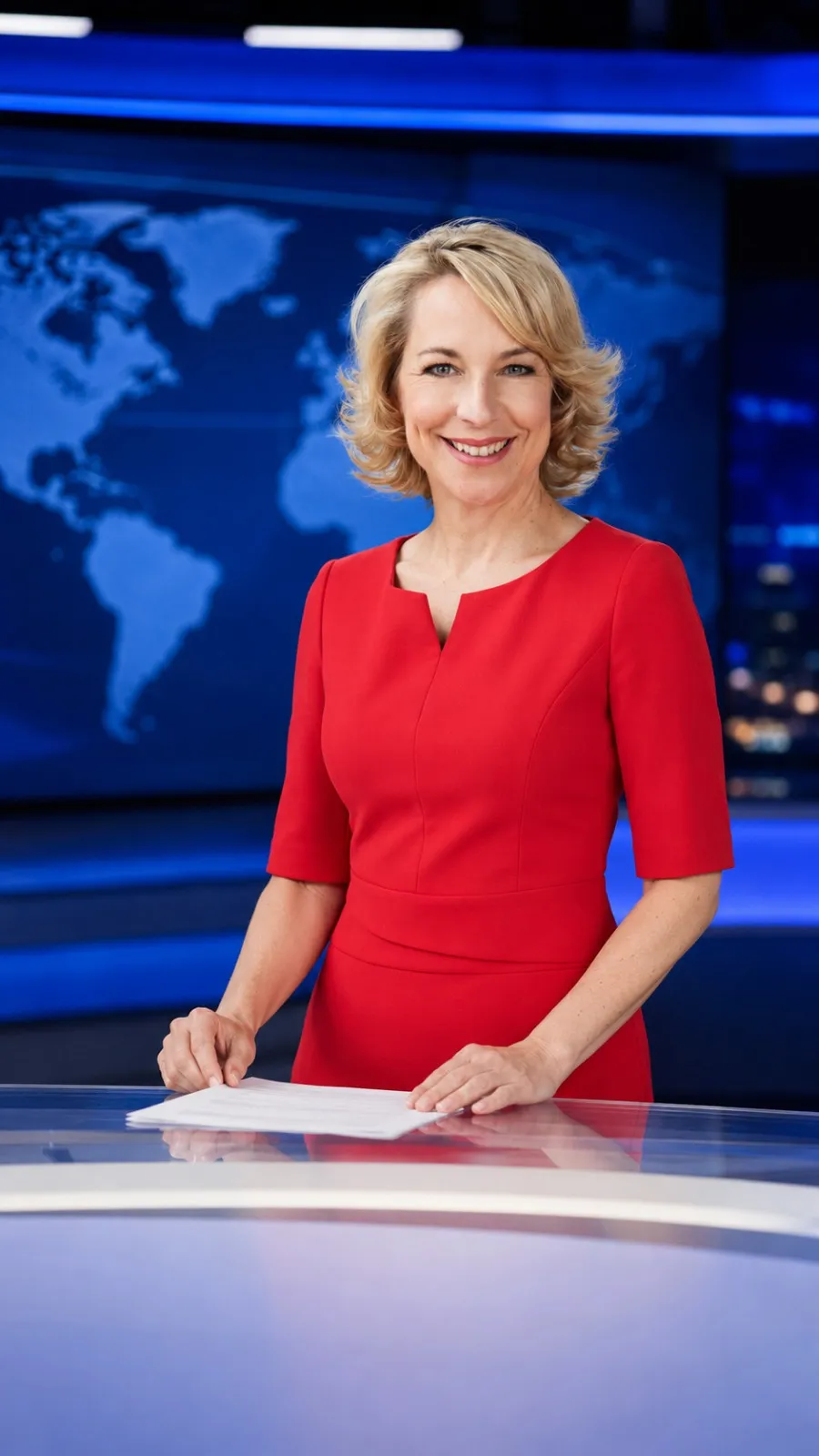 Ina Böttcher als Nachrichtensprecherin am Studiotisch – Ex-Tagesschau-Moderatorin