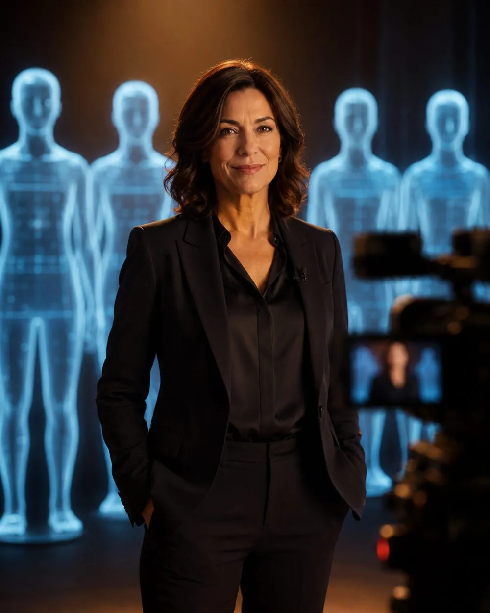 Frau vor leuchtenden KI-Hologrammen – der echte Mensch hebt sich von digitalen Kopien ab