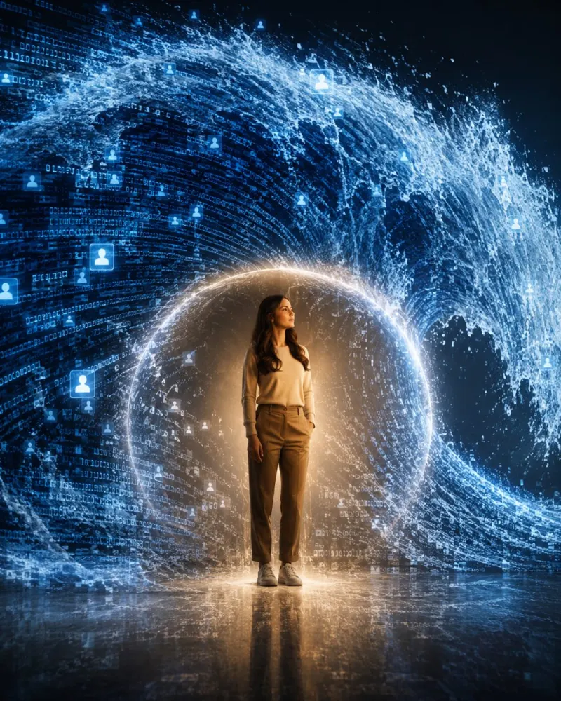Frau im Lichtkreis, umgeben von digitalen Datenströmen – sichtbar werden inmitten des KI-Rauschens