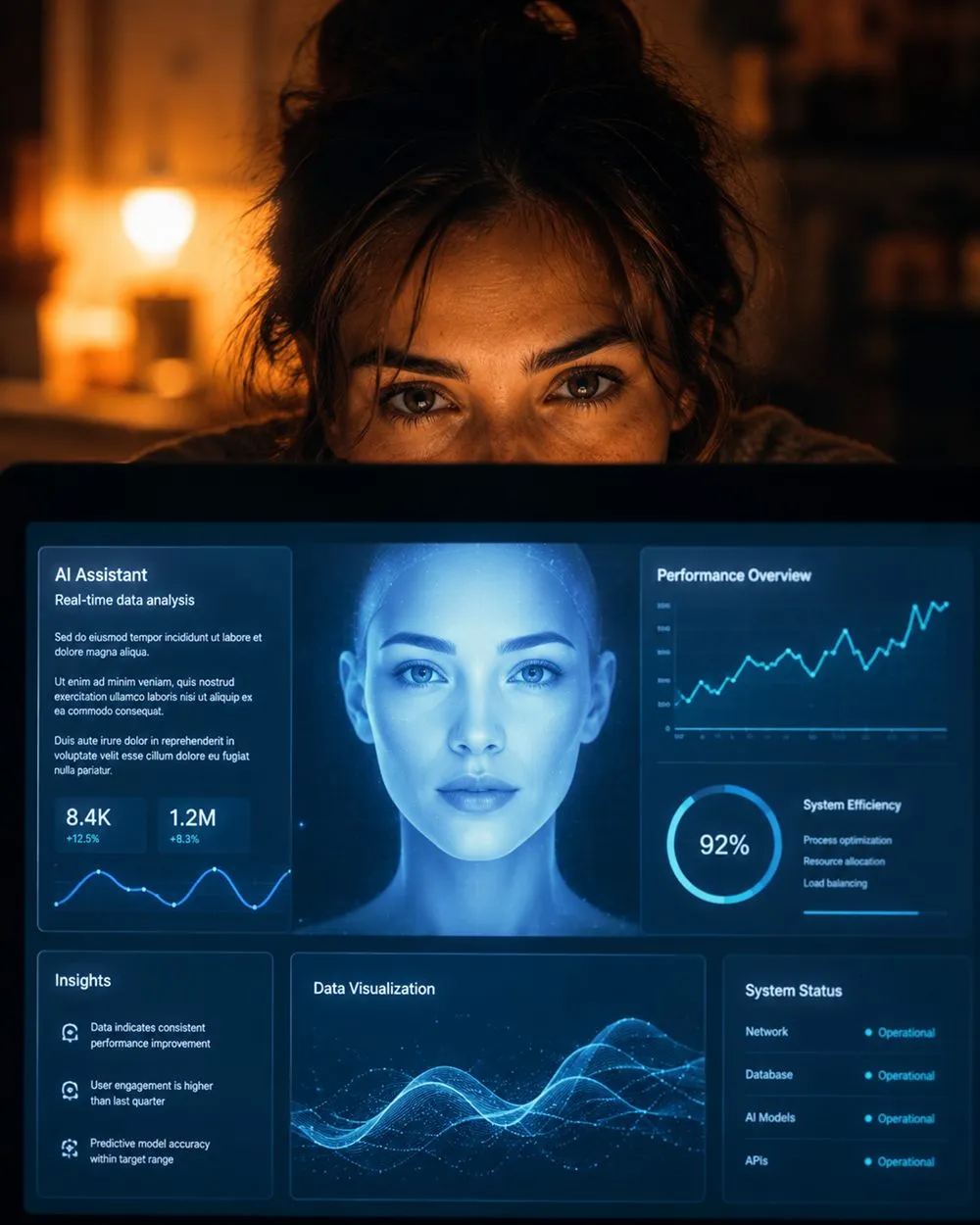 Gesicht einer Frau über einem KI-Analyse-Dashboard – Technik liefert Daten, der Mensch liefert Nähe